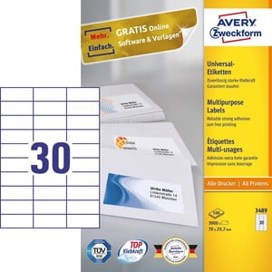 AVERY MULTIPURPOSE LABELS 70x29.7mm 30LABELS/S (3489)HT WHITE