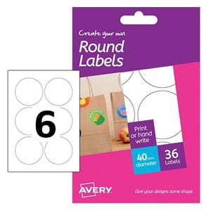 AVERY ROUND LABELS 40mm DIA 36LABELS/PKT WHITE (HRR01)